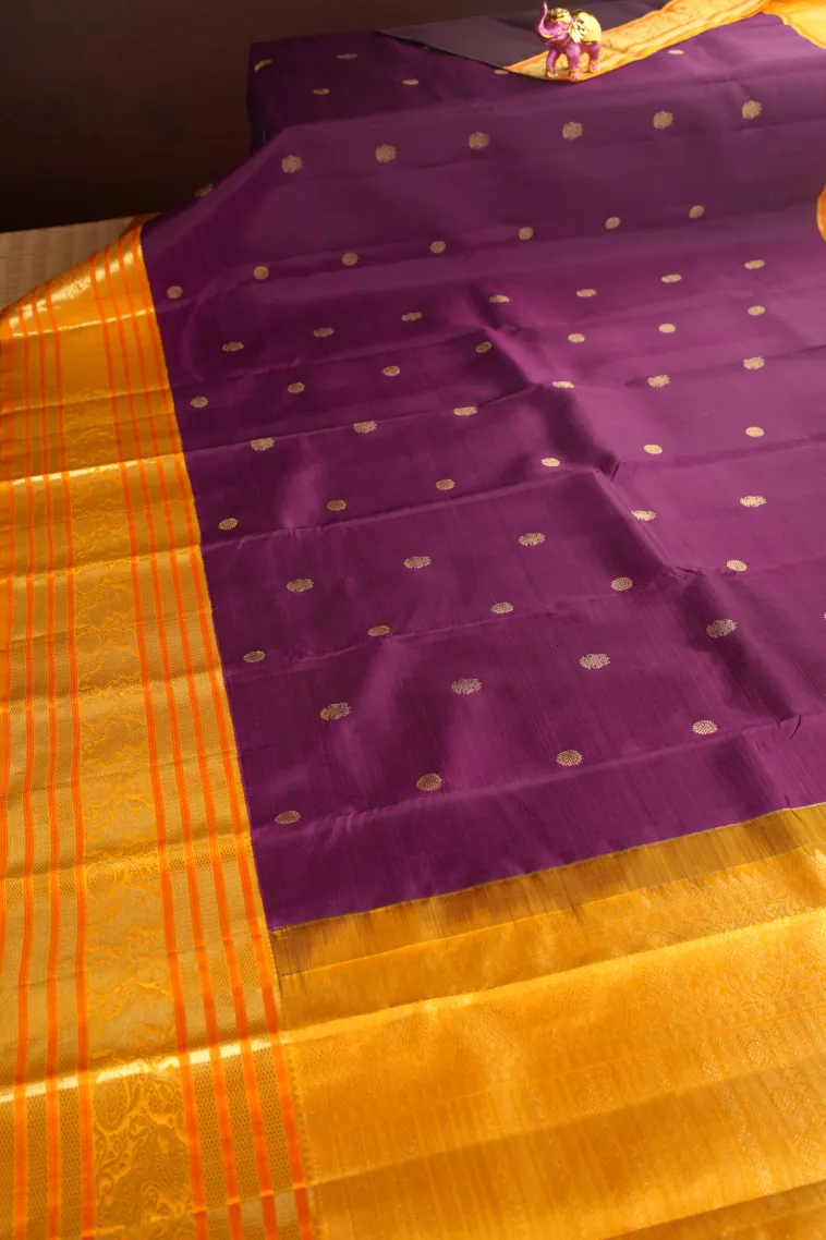 Jam Purple Kanchipuram Silk Sarees with Gold Zari Peacock And Rudhractam view 2