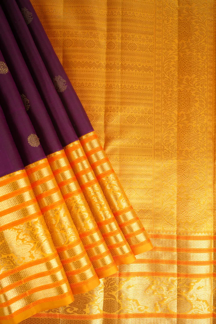 Jam Purple Kanchipuram Silk Sarees with Gold Zari Peacock And Rudhractam