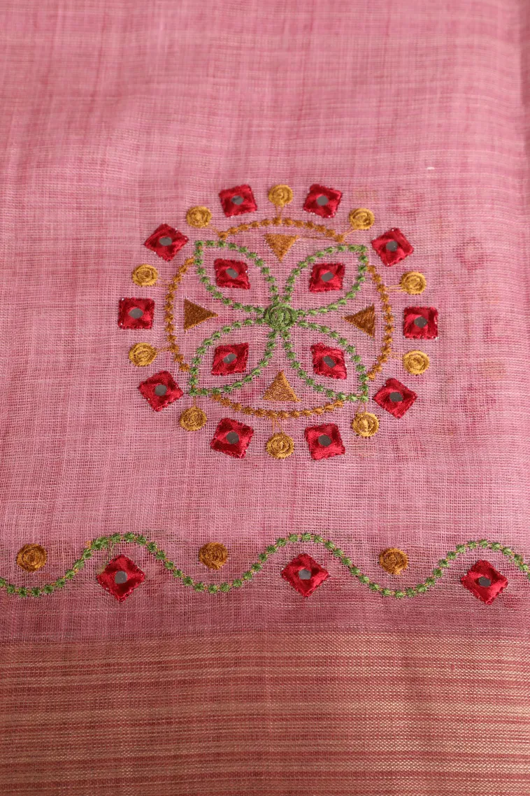 Rose Pink Tissue Silk Sarees with Gold Zari Geometric Shapes view 3