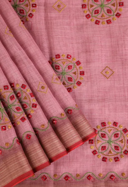 Rose Pink Tissue Silk Sarees with Gold Zari Geometric Shapes