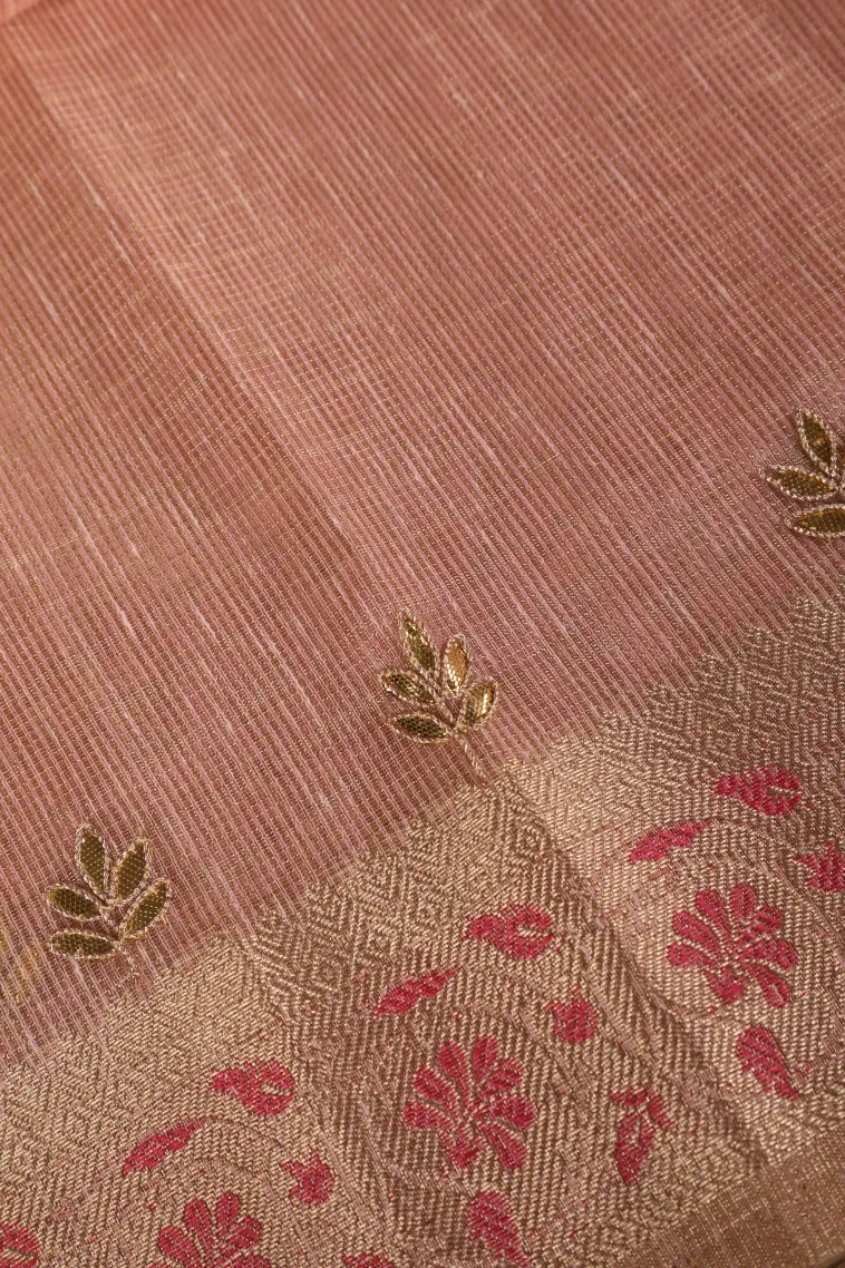 Peach Pink Tissue Silk Sarees with Gold Zari Leaf Puttas view 3