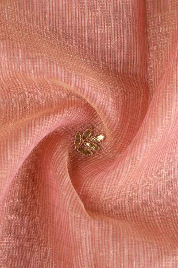 Peach Pink Tissue Silk Sarees with Gold Zari Leaf Puttas view 4