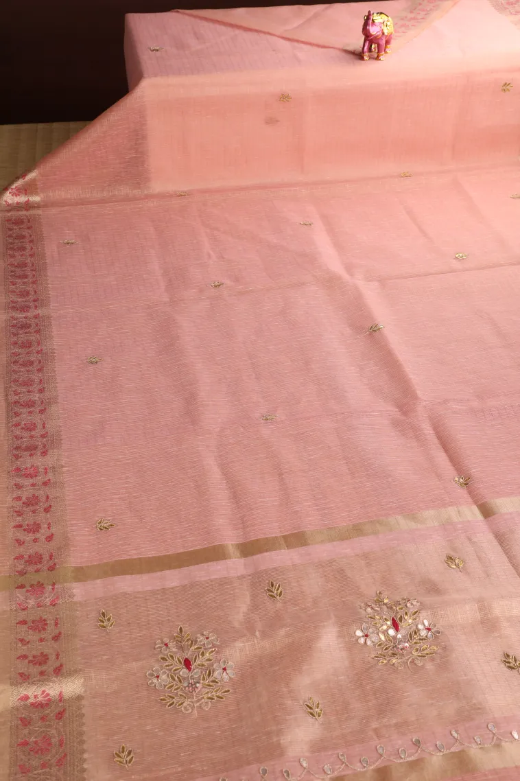 Peach Pink Tissue Silk Sarees with Gold Zari Leaf Puttas view 2