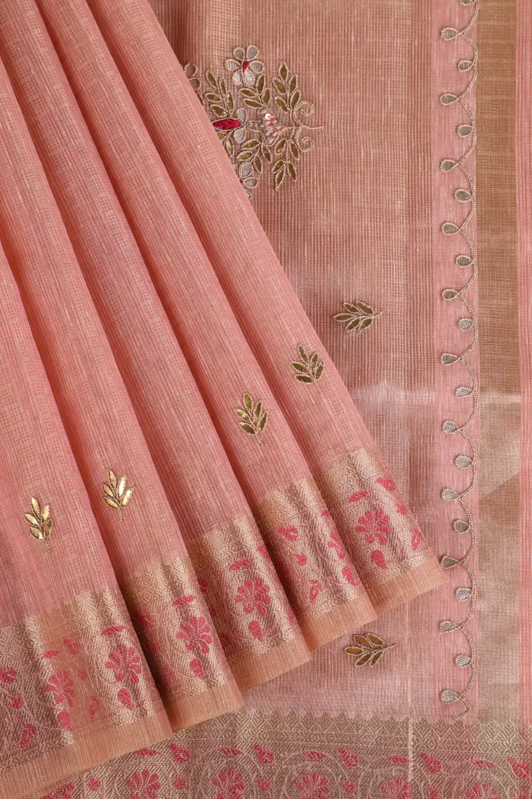 Peach Pink Tissue Silk Sarees with Gold Zari Leaf Puttas