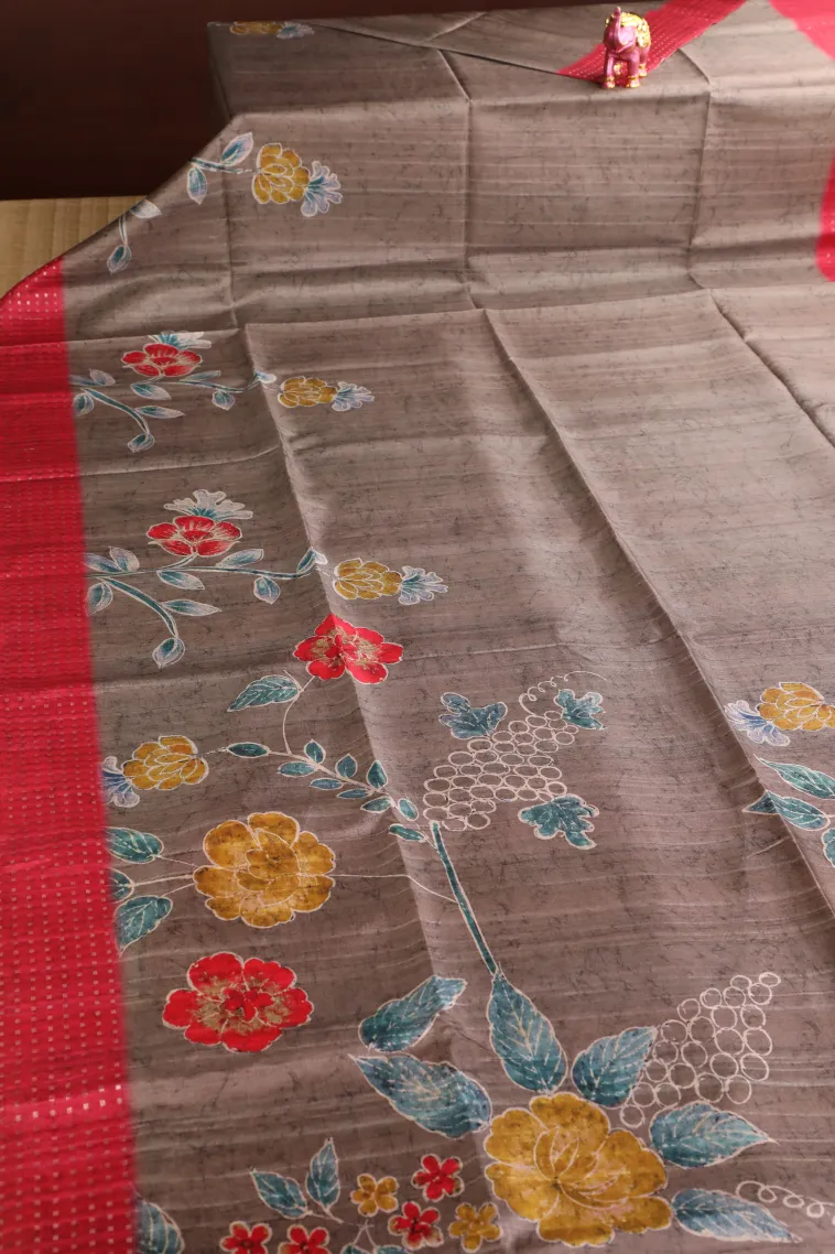 Granite Black Tussar Saree Without Zari With Flower Mottif view 2