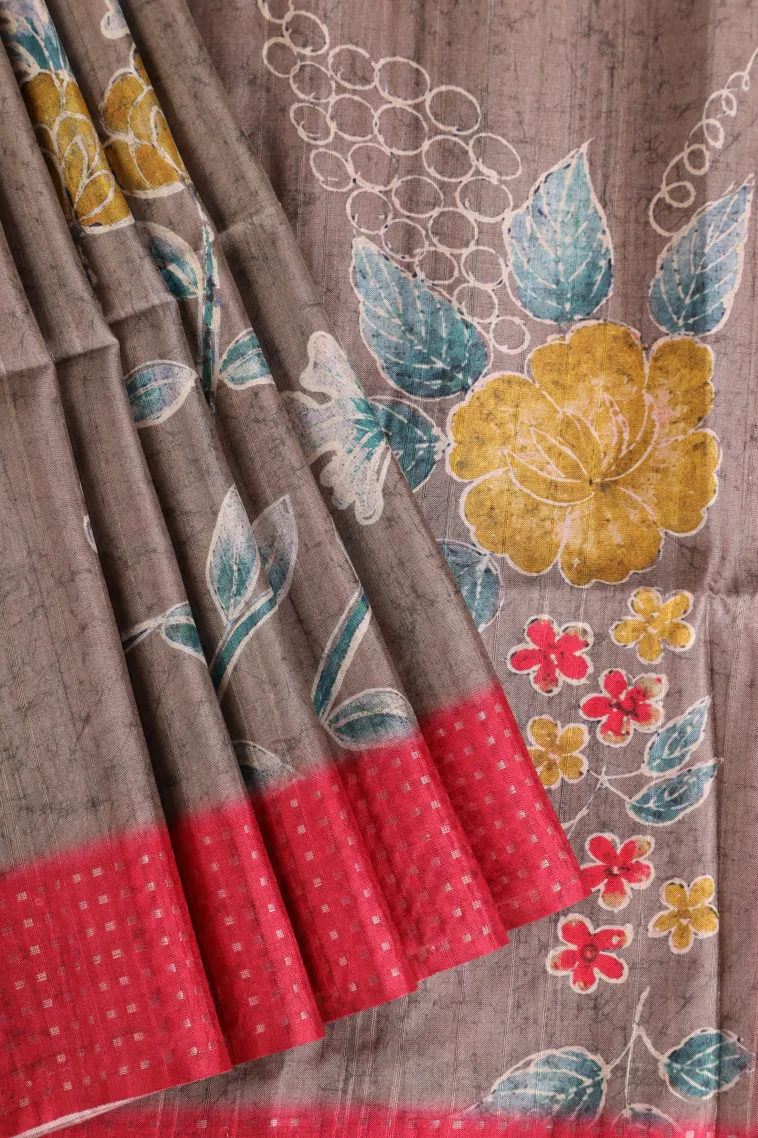 Granite Black Tussar Saree Without Zari With Flower Mottif