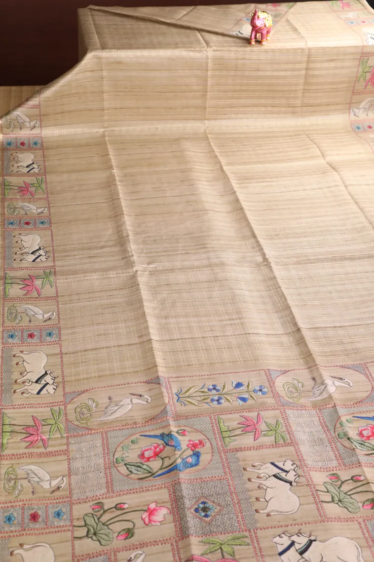 Vanilla Custard Yellow Tussar Saree with Gold Zari Checks view 2