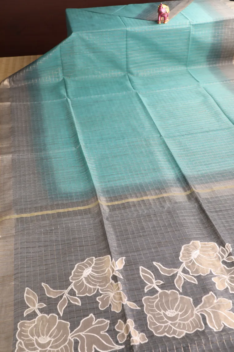 Teal Blue Semi Tussar Silk with Gold Zari Checks view 2