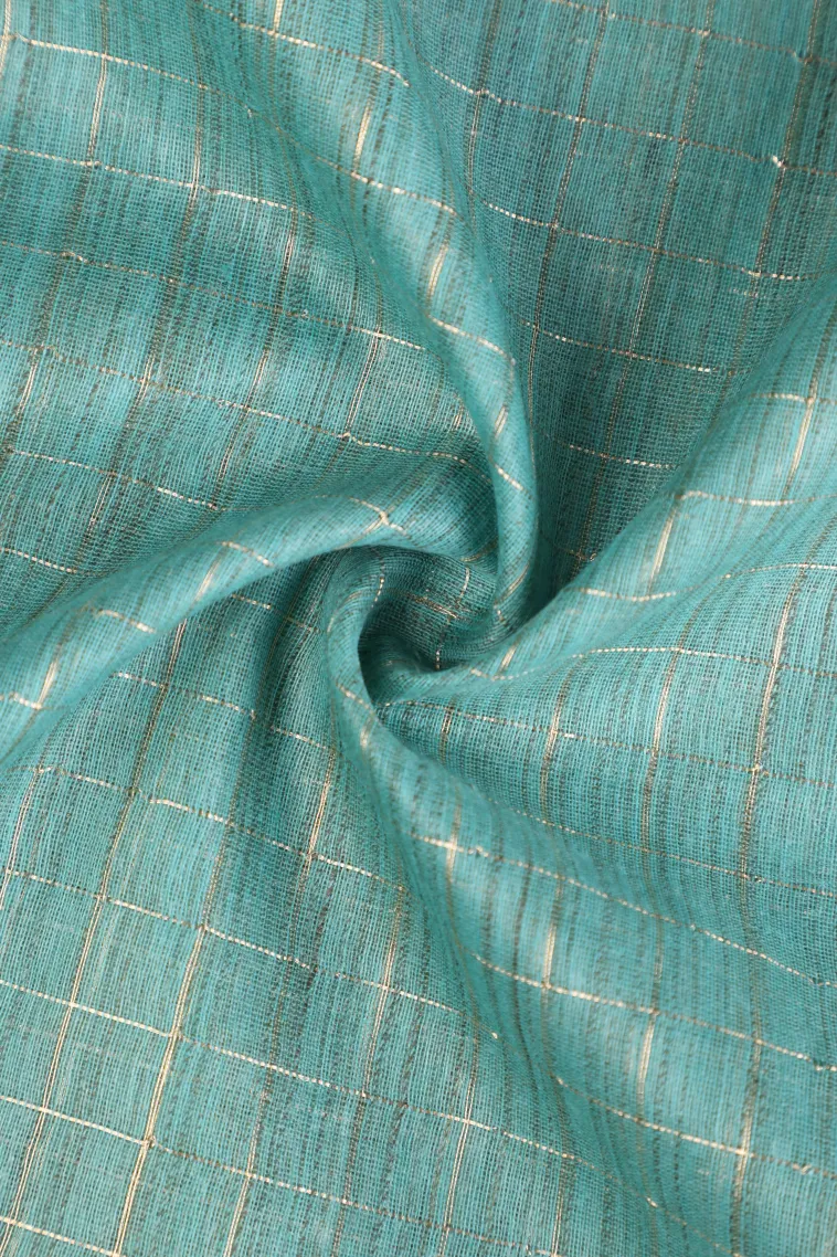 Teal Blue Semi Tussar Silk with Gold Zari Checks view 4