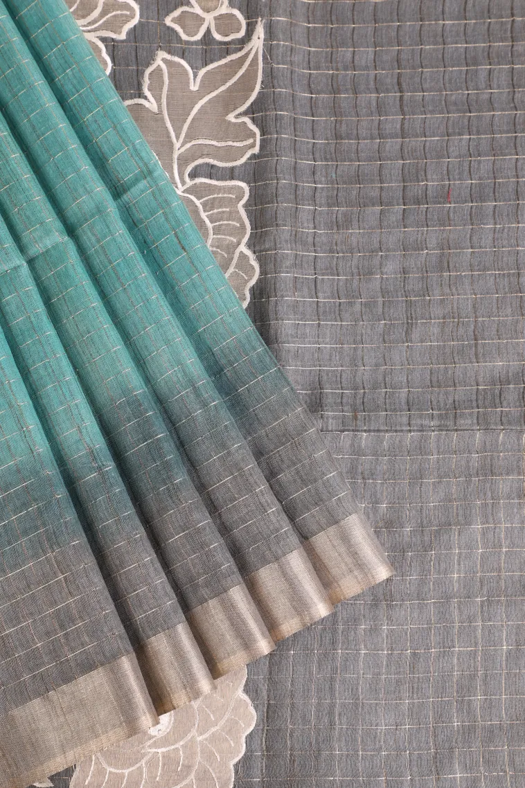 Teal Blue Semi Tussar Silk with Gold Zari Checks