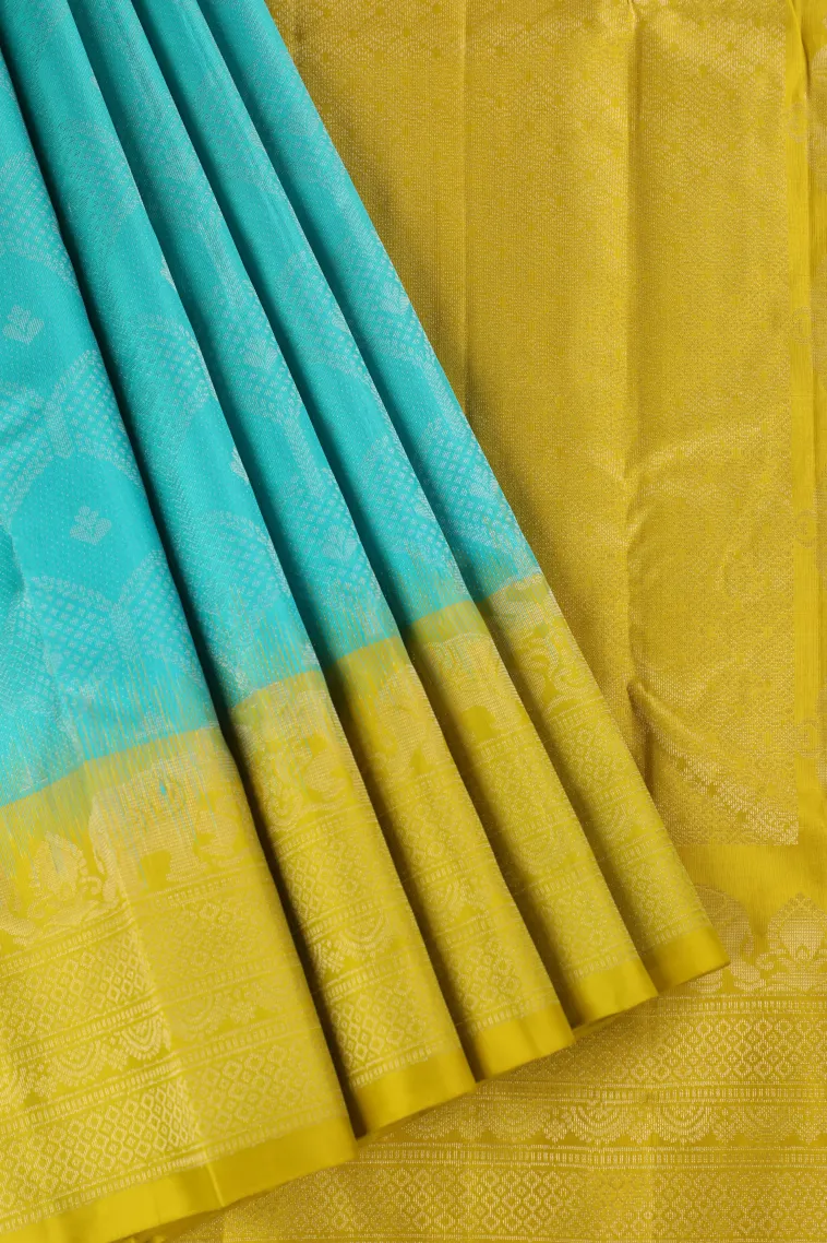 Arctic Blue Soft Silk Saree with Silver Zari Geometric Shapes view 1
