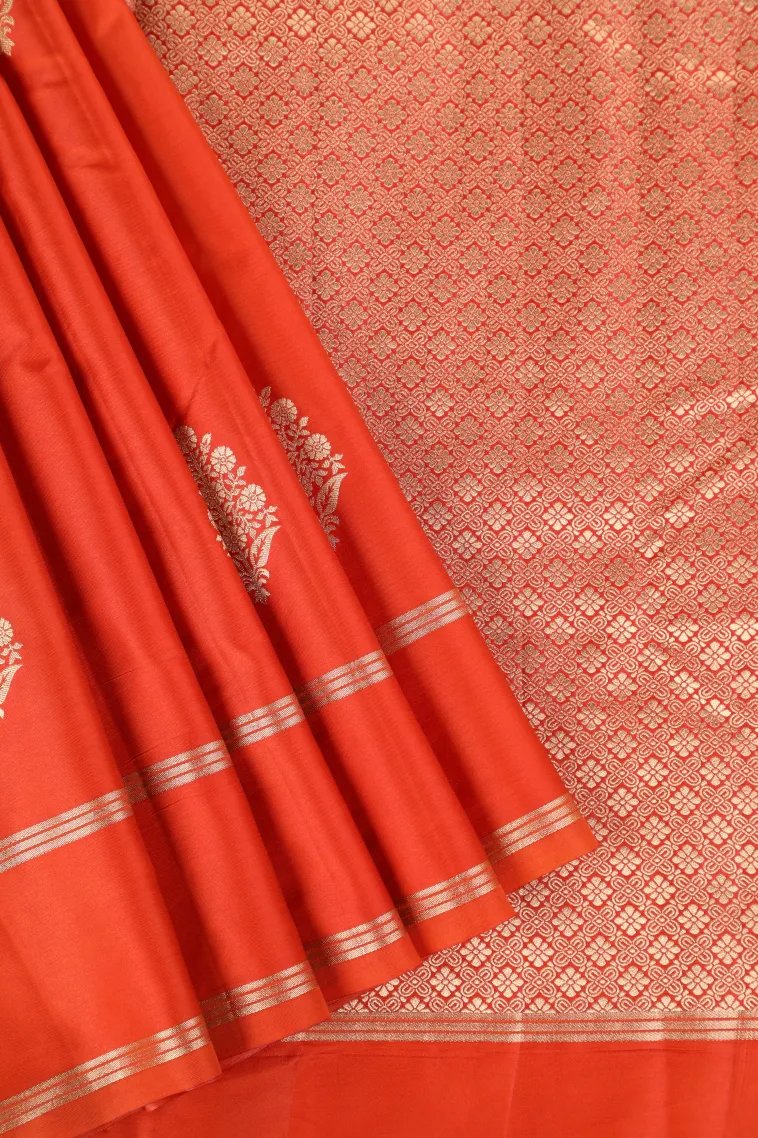 Carrot Orange Mysore Silk with Gold Zari Flower Mottif view 1