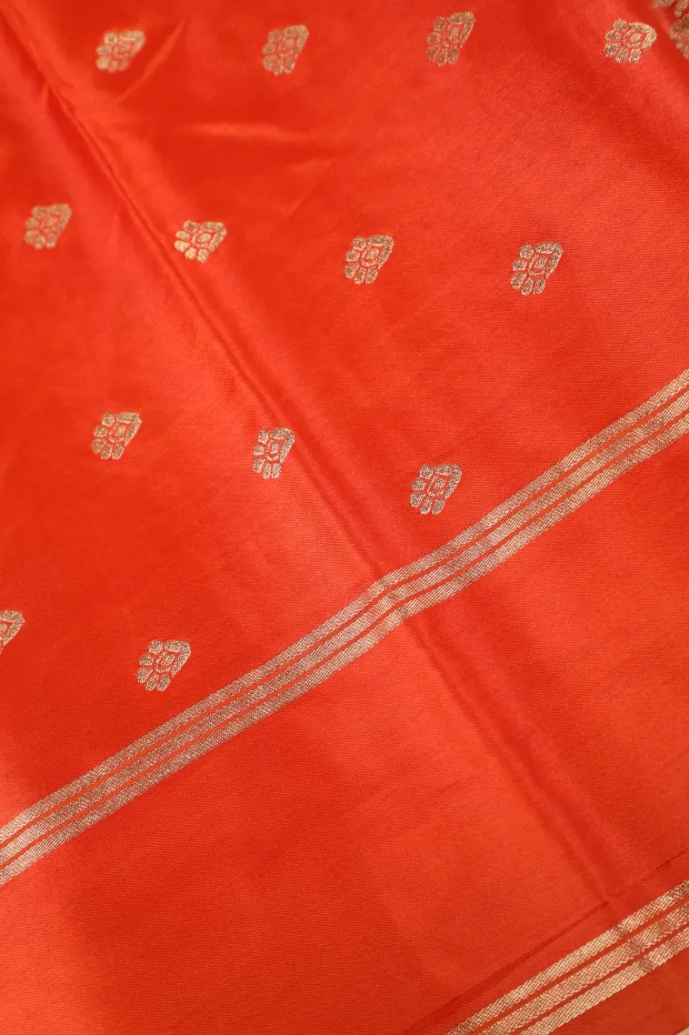 Carrot Orange Mysore Silk with Gold Zari Flower Mottif view 3