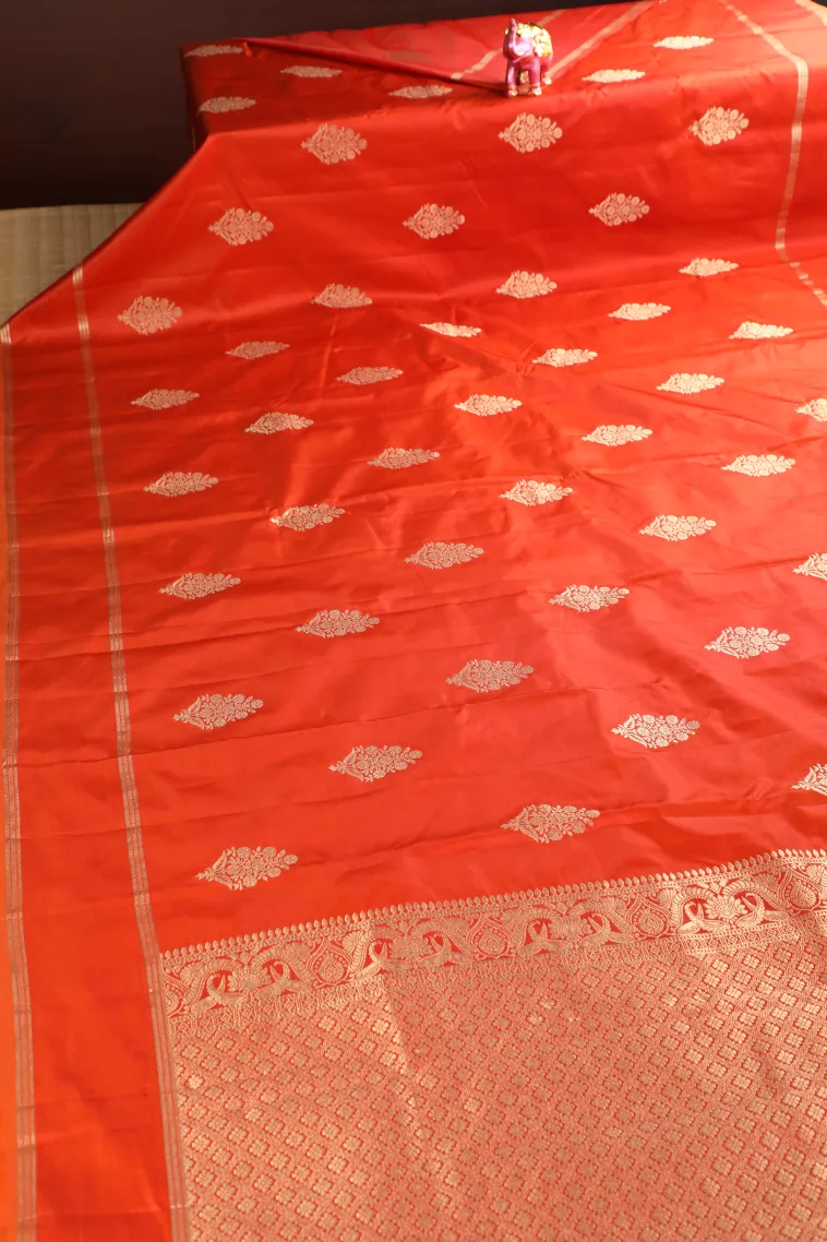 Carrot Orange Mysore Silk with Gold Zari Flower Mottif view 2