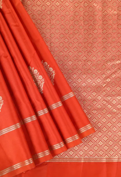 Carrot Orange Mysore Silk with Gold Zari Flower Mottif