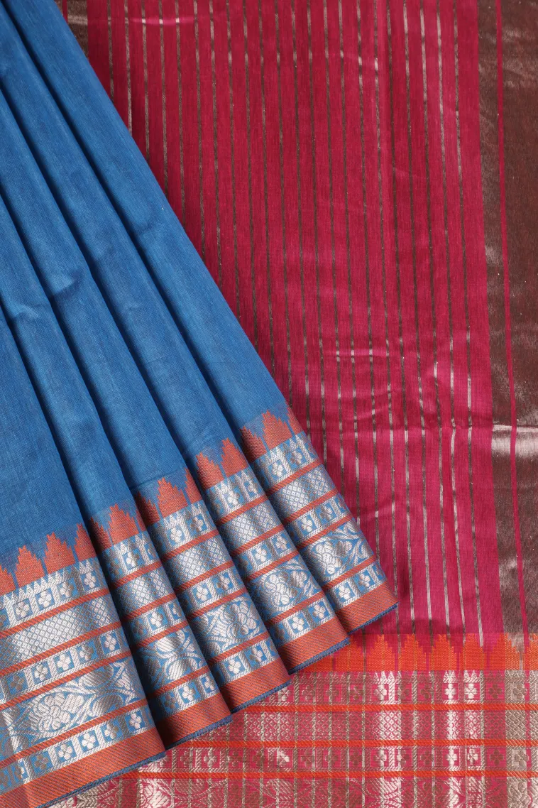 Cerulean Blue Semi Tussar Silk with Bronze Zari Plain