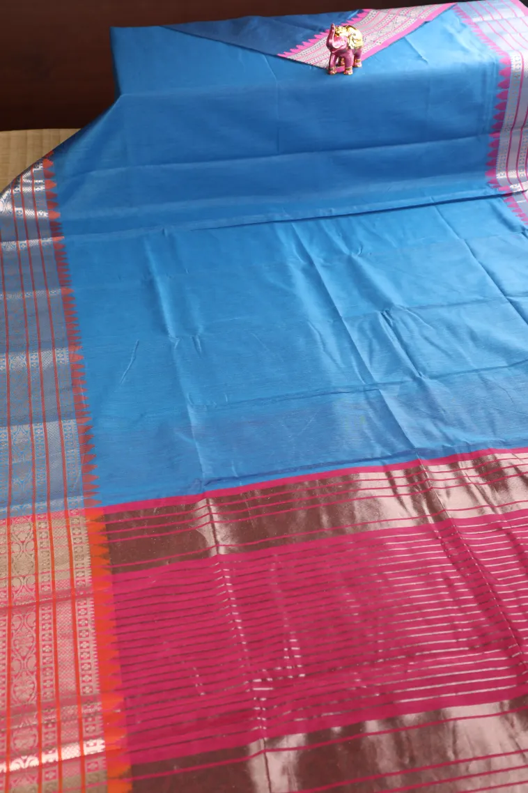 Cerulean Blue Semi Tussar Silk with Bronze Zari Plain view 2