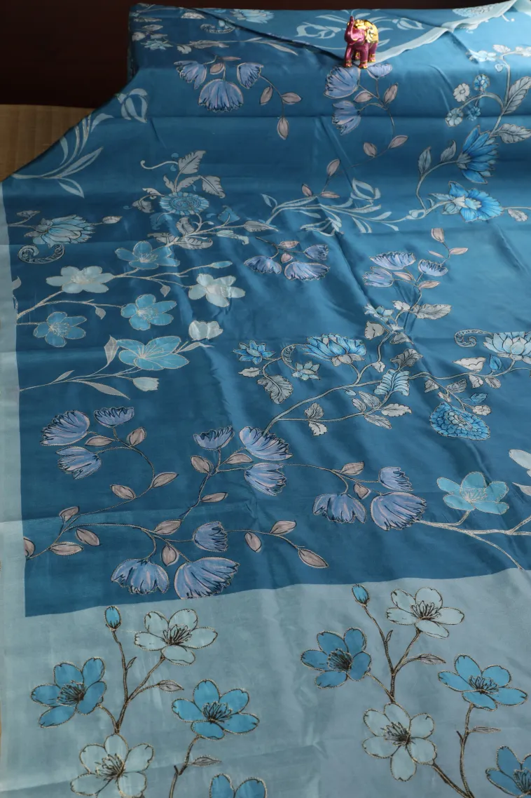 Aegean Blue Semi Tussar Silk with Thread Zari Floral Patterns view 2