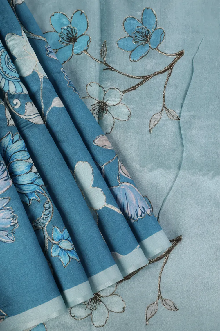 Aegean Blue Semi Tussar Silk with Thread Zari Floral Patterns