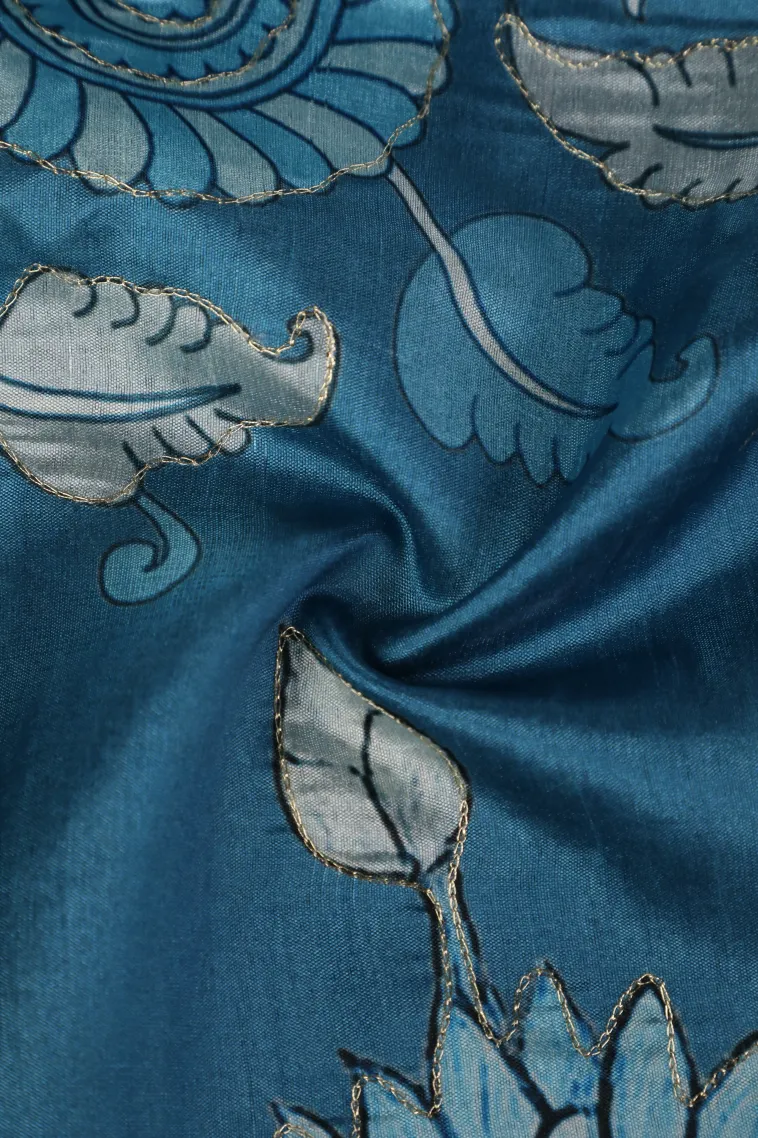 Aegean Blue Semi Tussar Silk with Thread Zari Floral Patterns view 4