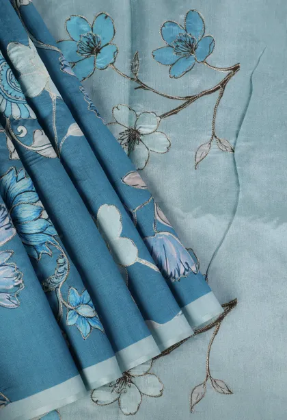 Aegean Blue Semi Tussar Silk with Thread Zari Floral Patterns