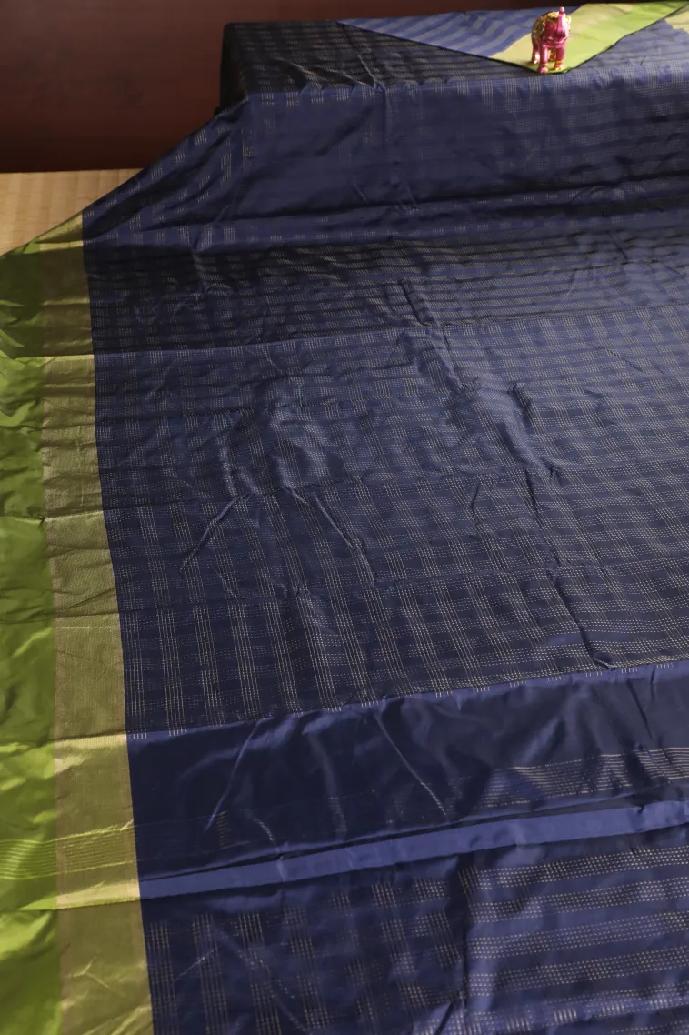 Indigo Blue Arani Silk Sarees with Gold Zari Checks view 2