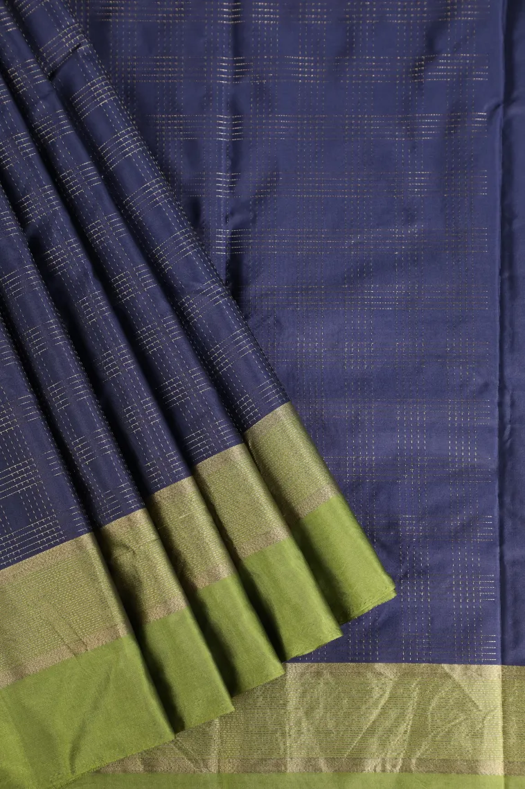 Indigo Blue Arani Silk Sarees with Gold Zari Checks view 1
