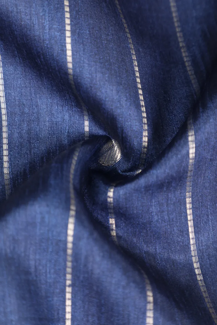 Berry Blue Tussar Saree with Bronze Zari Stripes And Puttas view 4