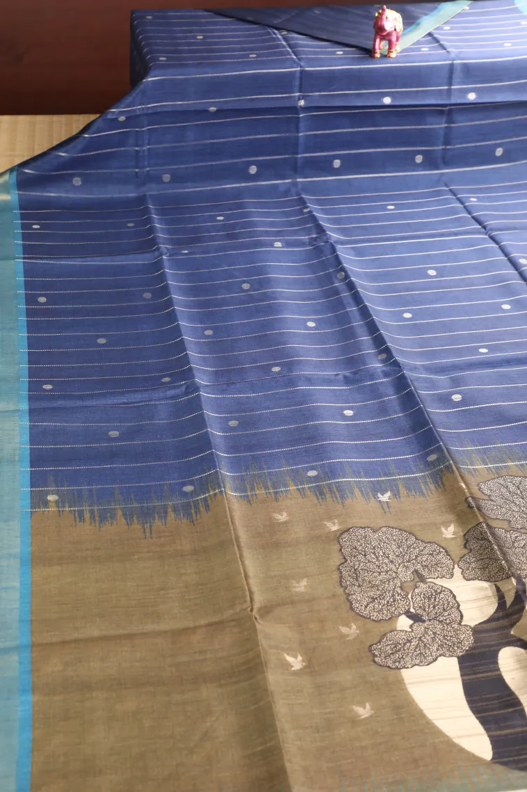Berry Blue Tussar Saree with Bronze Zari Stripes And Puttas view 2