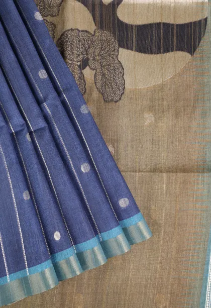 Berry Blue Tussar Saree with Bronze Zari Stripes And Puttas