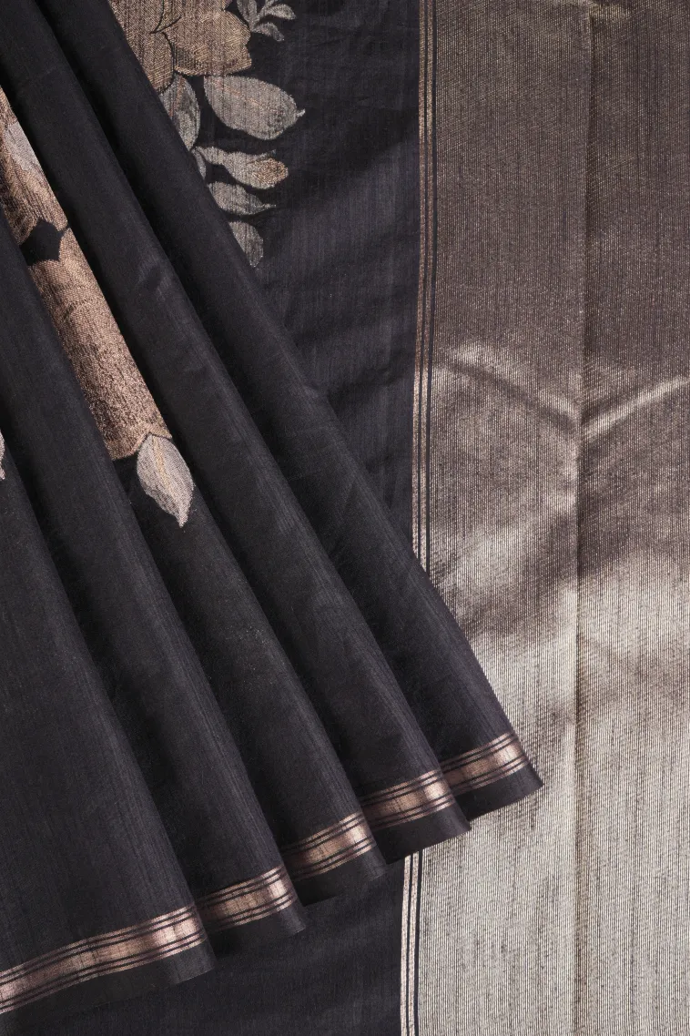 Asphalt Black Jute Sarees with Gold And Silver Zari Flower Mottif