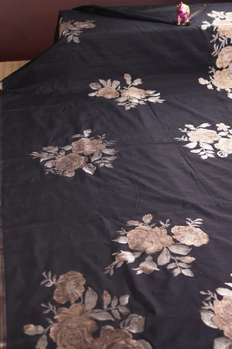 Asphalt Black Jute Sarees with Gold And Silver Zari Flower Mottif view 2