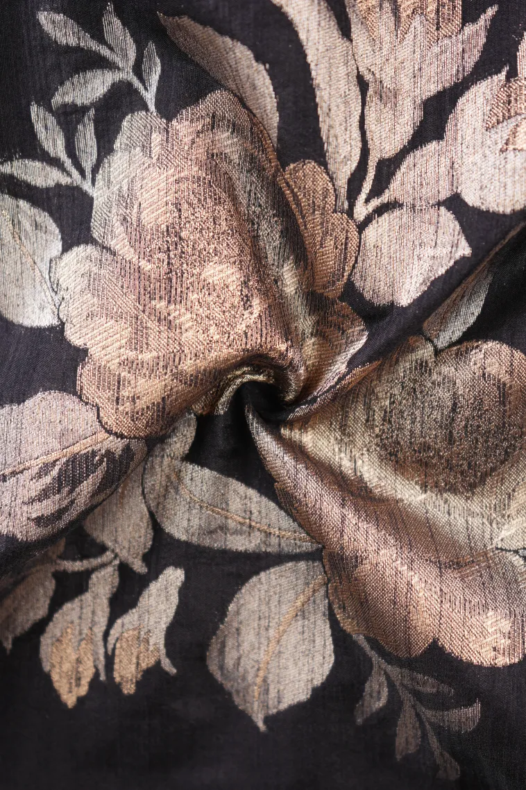 Asphalt Black Jute Sarees with Gold And Silver Zari Flower Mottif view 4