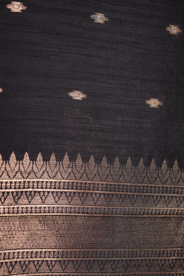 Asphalt Black Jute Sarees with Gold And Silver Zari Flower Mottif view 3
