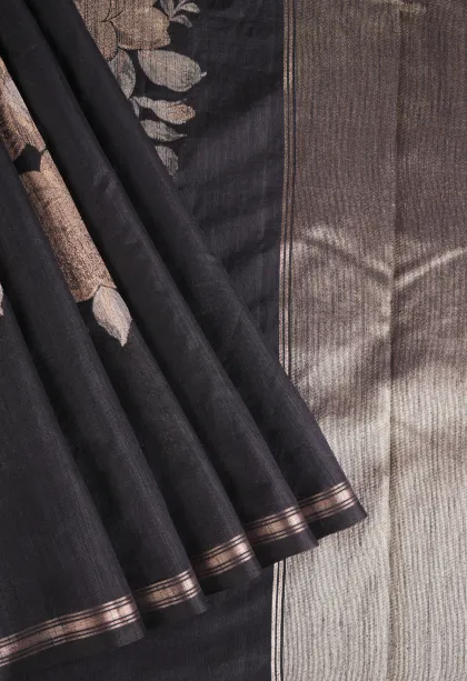 Asphalt Black Jute Sarees with Gold And Silver Zari Flower Mottif