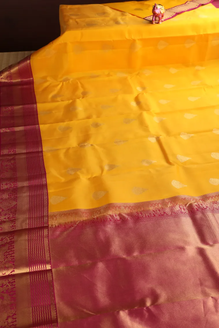 Gold Soft Silk Saree with Gold Zari Floral Puttas view 2