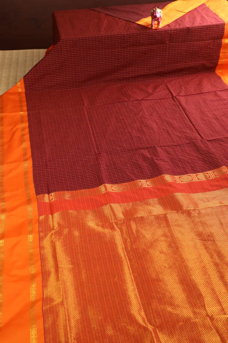 Berry Red Kalyani Cotton with Gold Zari Small Checks Pattern view 2