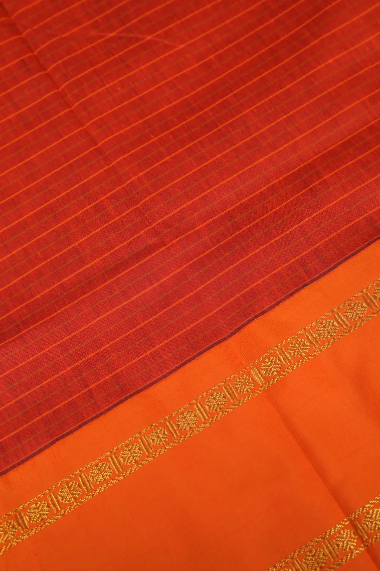 Berry Red Kalyani Cotton with Gold Zari Small Checks Pattern view 3