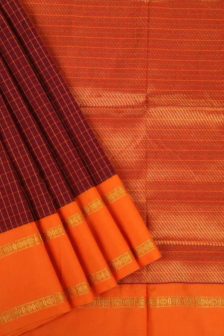 Berry Red Kalyani Cotton with Gold Zari Small Checks Pattern view 1