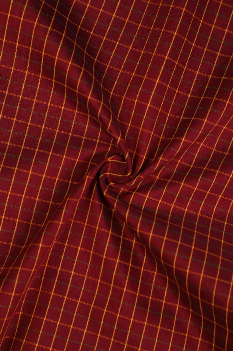Berry Red Kalyani Cotton with Gold Zari Small Checks Pattern view 4