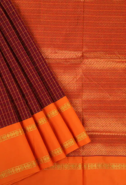 Berry Red Kalyani Cotton with Gold Zari Small Checks Pattern