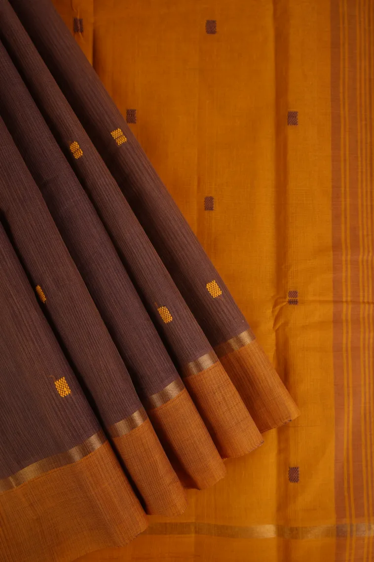 Caramel Brown Kanchi Cotton Sarees with Gold Zari Buttis (small Dots Or Motifs)