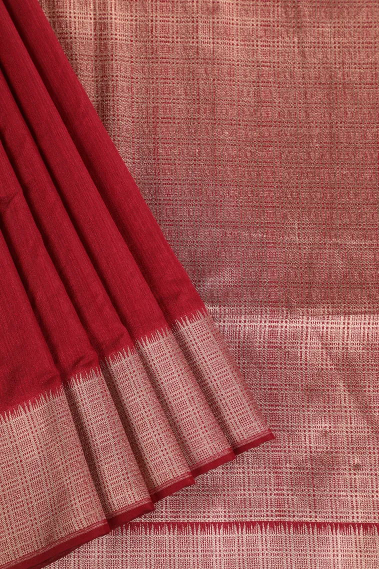 Apple Red Semi Tussar Silk with Gold Zari Plain