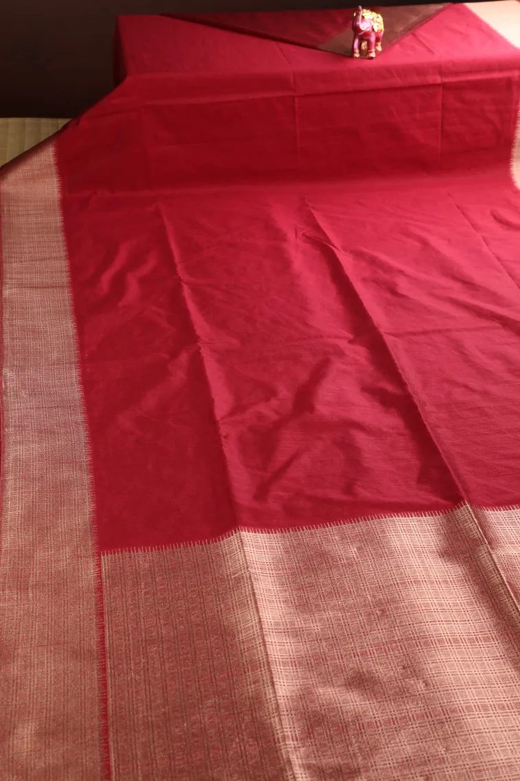 Apple Red Semi Tussar Silk with Gold Zari Plain view 2