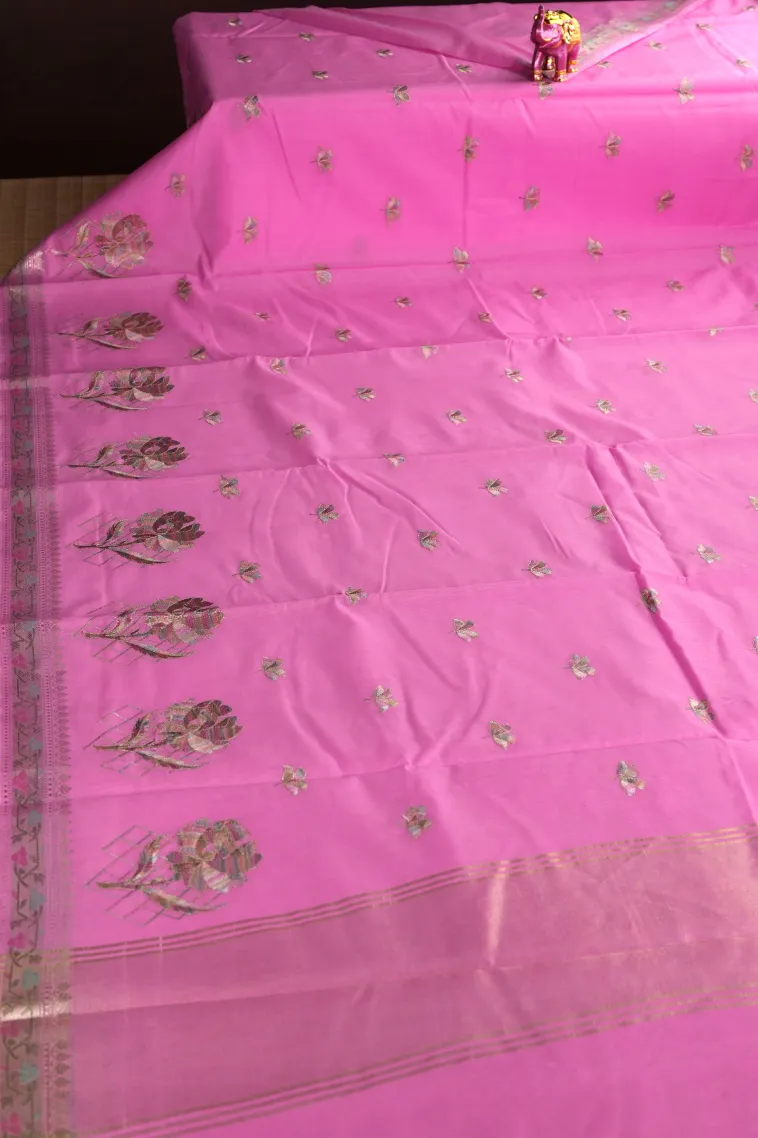 Bubblegum Pink Tissue Silk Sarees with Gold Zari Flower Mottif view 2