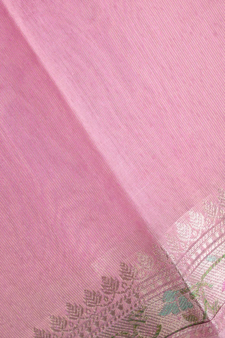 Bubblegum Pink Tissue Silk Sarees with Gold Zari Flower Mottif view 3