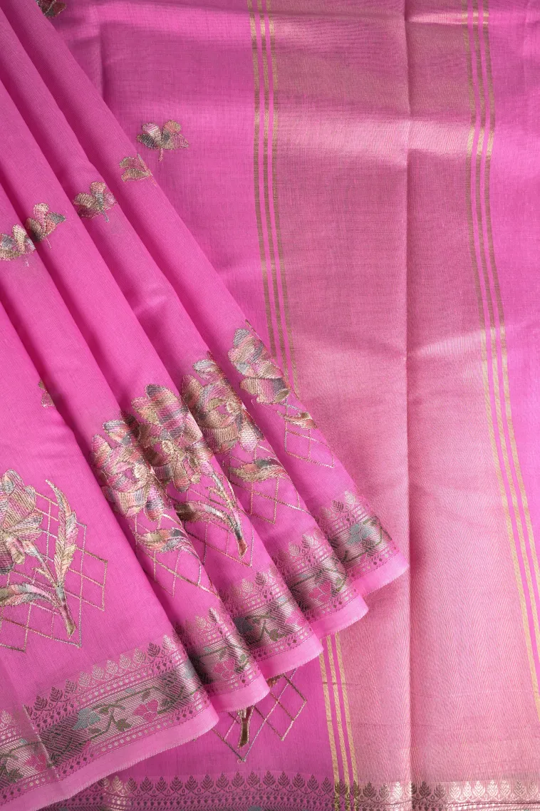 Bubblegum Pink Tissue Silk Sarees with Gold Zari Flower Mottif view 1