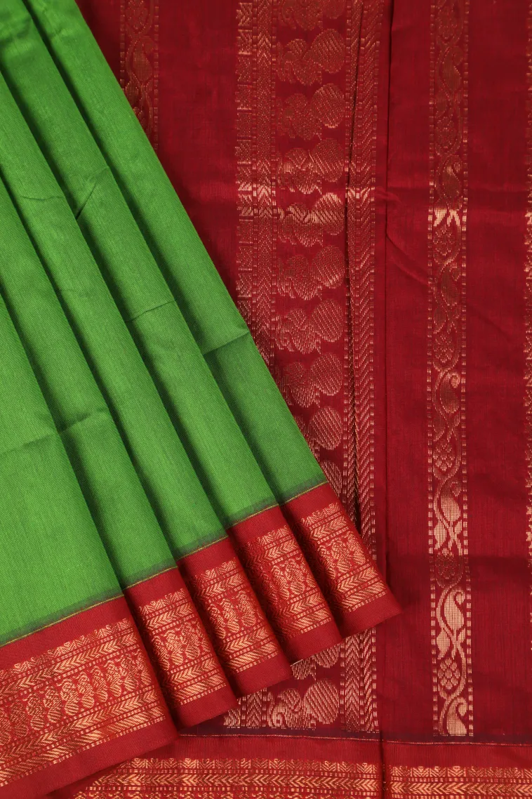 Emerald Green Kalyani Cotton with Gold Zari Plain