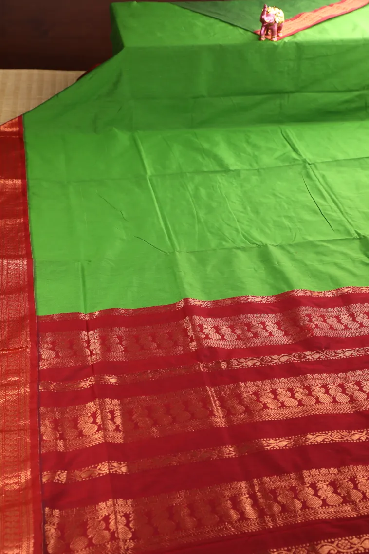 Emerald Green Kalyani Cotton with Gold Zari Plain view 2