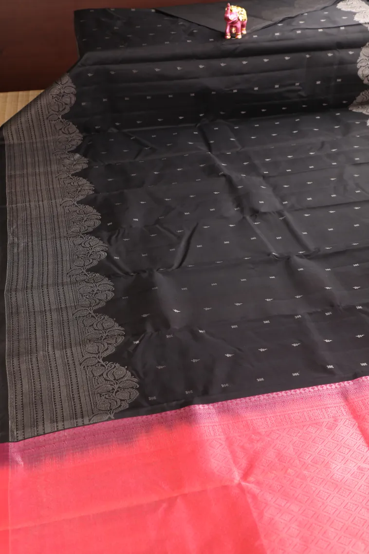Asphalt Black Soft Silk Saree with Silver Zari Buttis (small Dots Or Motifs) view 2